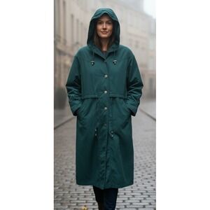 Vintage Forenza Trench Coat Women's Sz 14 Hooded Green Lined Flap Duster Classic